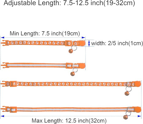 2 Pack Breakaway Cat Collars with Bells, Reflective Design and Claw Print Design, Safety Buckle, Adjustable 7.5-12.5 Inches for Kittens & Cats (Orange)