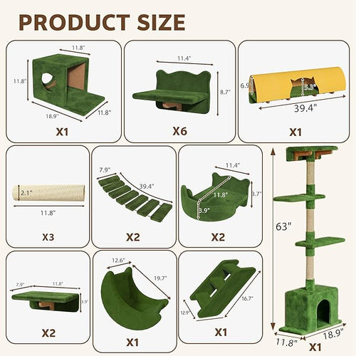 20-in-1 Cat Wall Shelves, Wall Mounted Cat Furniture w/Plush Fabric, Cat Climbing Wall System, 63''H Cat Tower w/Scratching Posts, Cats Shelf with 40''L Tunnel, Condos, House, Step and Ladder