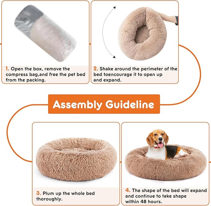Sweetcrispy Donut Dog Bed, XL Large Round Calming Cat Bed with Washable Waterproof Cushion, Anti-Anxiety & Anti-Slip Fluffy Cuddle Cozy Faux Fur Plush for Pet Puppy Indoor Sleeping(37.4"x3.47",Brown)