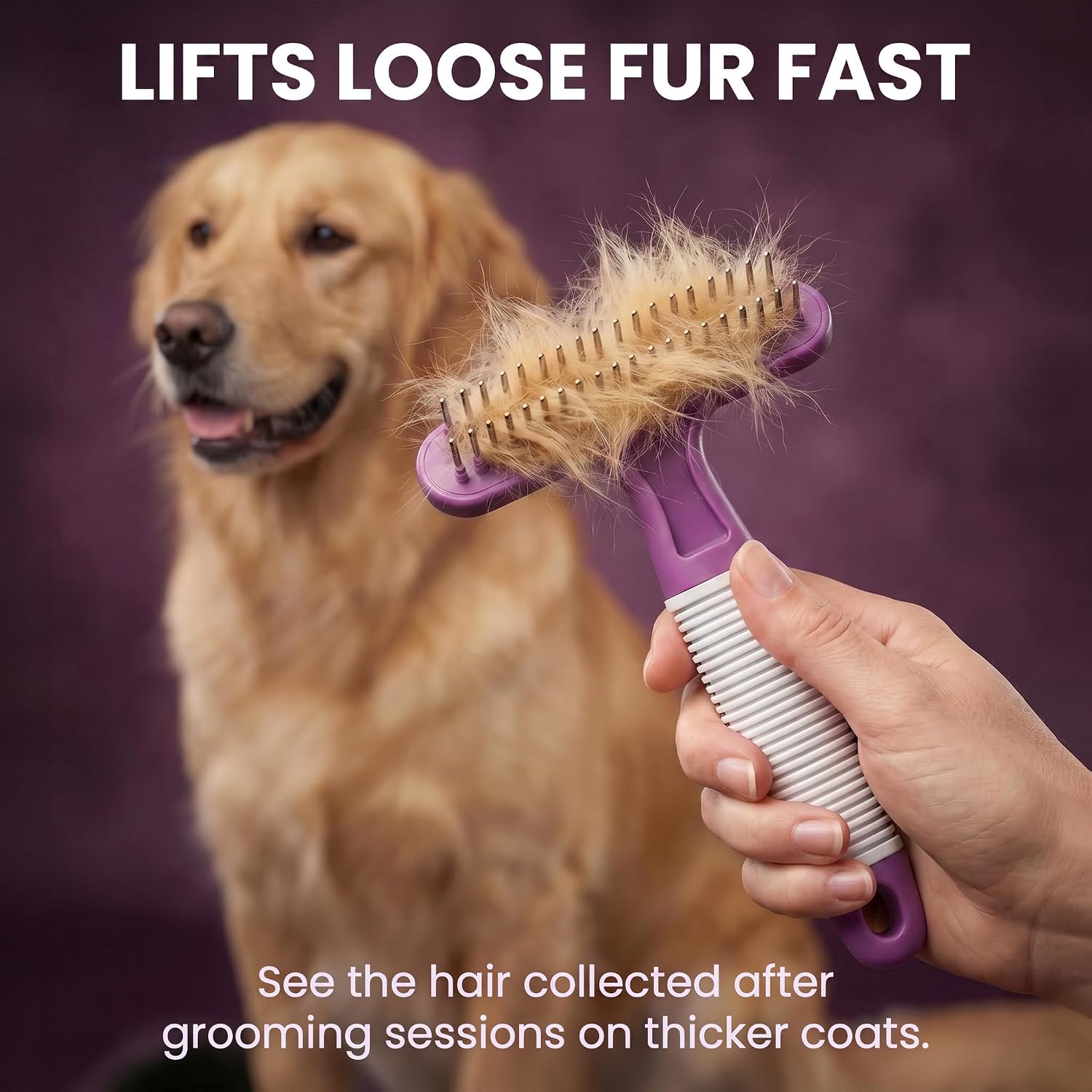 Poodle Pet Dog Grooming Rake| Dematting Tool with Stainless Steel Shedding Comb for Pets | 2 Rows of Pins Gently Remove Loose or Tangled Hair from Undercoat | Purple Handle