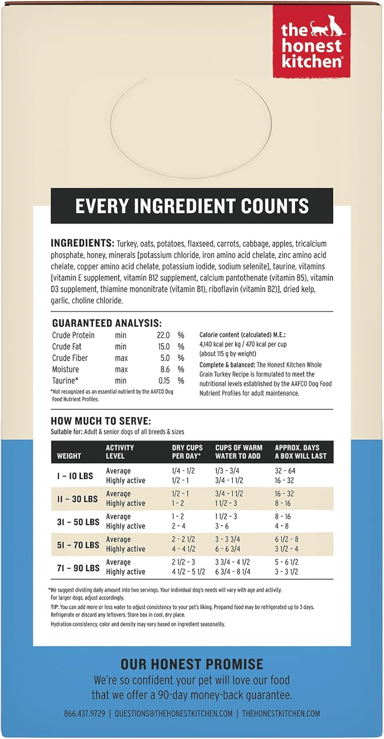 The Honest Kitchen Human Grade Wholemade™ Dehydrated Whole Grain Dog Food – Complete Meal or Dog Food Topper – Turkey 4 lb (Makes 16 lbs)