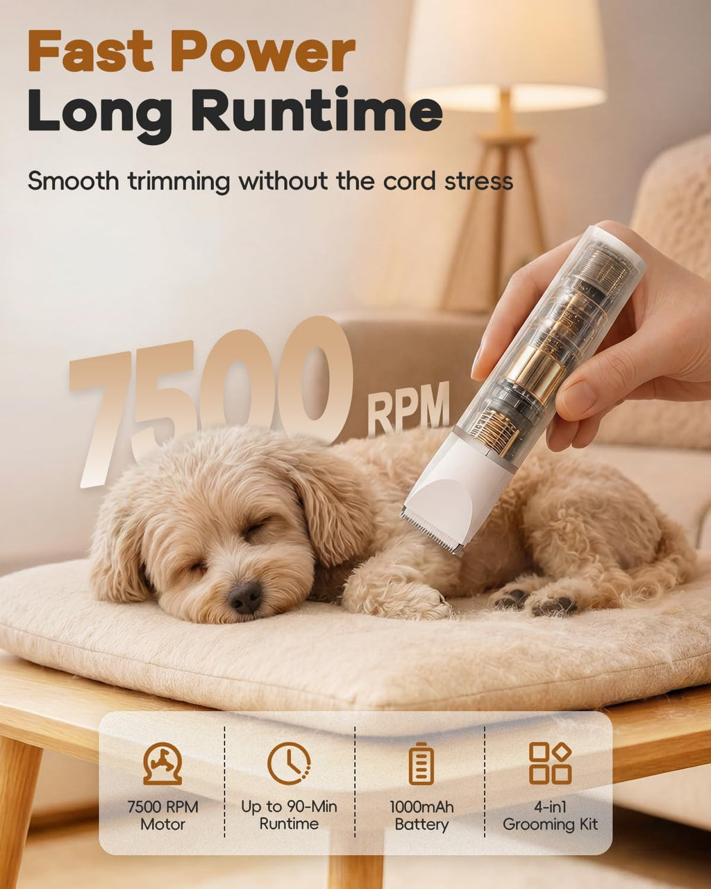 Veeconn 4 in 1 Dog Clippers Grooming Kit with Paw Hair Trimmer for Cat Pet | Low Noise, 7500RPM Powerful, IPX7 Waterproof, Safe & Easy for Beginners, 4 Guide Combs, Cordless Dog Shaver & Nail Grinder