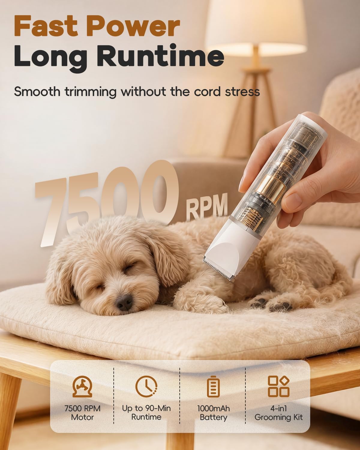 Veeconn 4 in 1 Dog Clippers Grooming Kit with Paw Hair Trimmer for Cat Pet | Low Noise, 7500RPM Powerful, IPX7 Waterproof, Safe & Easy for Beginners, 4 Guide Combs, Cordless Dog Shaver & Nail Grinder