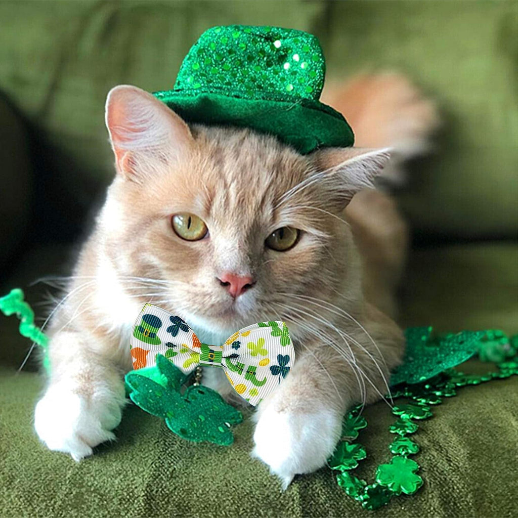 St. Patrick's Day Cat Collar with Bow Tie and Bell, Adjustable Breakaway Shamrock and Rainbow Kitty Collar, Holiday Accessories for Cats and Kittens, Boys and Girls