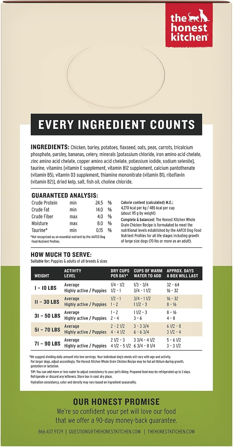 The Honest Kitchen Human Grade Wholemade™ Dehydrated Whole Grain Dog Food – Complete Meal or Dog Food Topper – Chicken 4 lb (Makes 16 lbs)