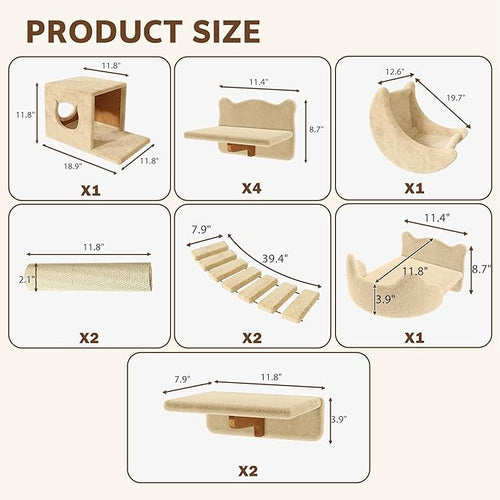 13-in-1 Cat Wall Shelves, Wall Mounted Cats Furniture Set with Plush Fabric, Cat Climbing Wall Systems, Cats Shelf with Moon Hammock, Condo, House, Step, Bridge Ladder, Scratching Post, Beige