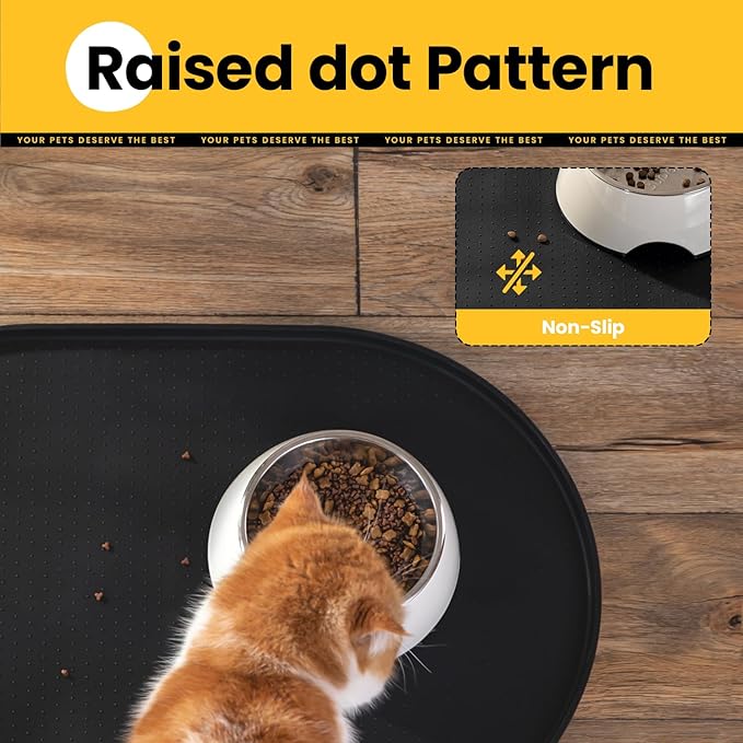 Dog Food Mat,1/2 Inch Raised Edges Cat Feeding Mat for Spill Containment,BPA-Free Silicone Pet Food Mats for Floor Waterproof,Rubber Dog Placemats for Food and Water Bowls(Black,19"x12")
