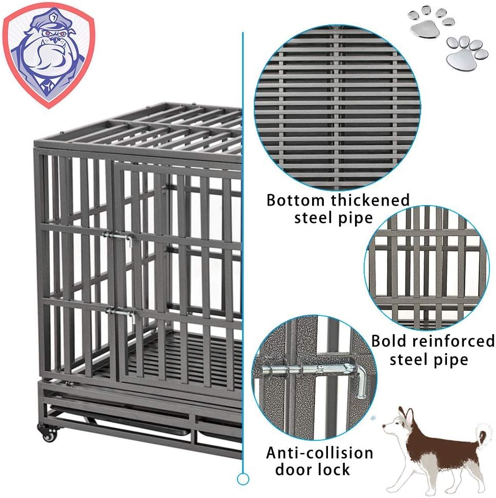 SMONTER 42" Heavy Duty Dog Crate Strong Metal Pet Kennel Playpen with Two Prevent Escape Lock, Large Dogs Cage with Wheels, Dark Silver …