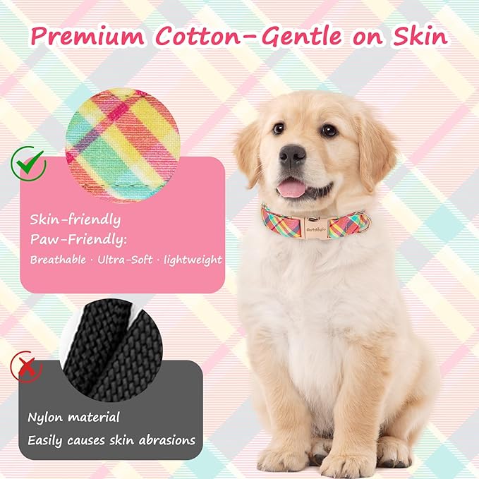 Cotton Dog Collar, Soft Adjustable Dog Collars for Large Dogs, Multi-Color Plaid Dog Collar for Small Medium Large Dogs, Cute Dog Collars Perfect for Girl or Boy Dog Collars-L