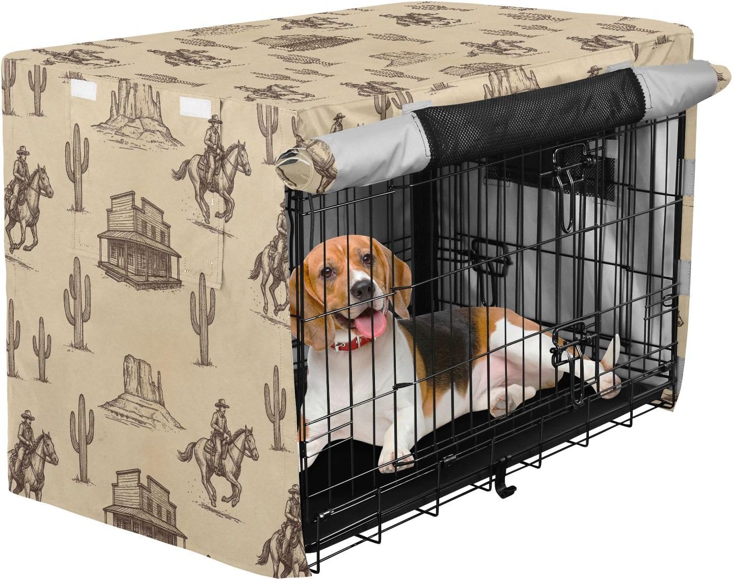 Duty 600D Silver Coated Dog Crate Cover, Water-Resistant Western Cowboy Pet Kennel Canopy with Mesh Windows for Optimal Ventilation, Universal Fit for Standard Wire Cage, Indoor & Travel