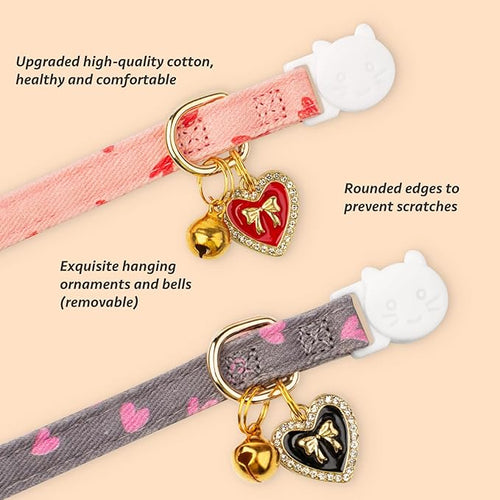 2 Pack Cotton Breakaway Cat Collar Pink and Gray Heart Shaped Pendant Cute Kitten Cat Collar with Bell