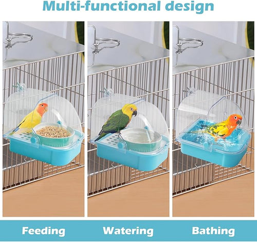 2 in 1 No Mess Bird Feeder,Bird Cage Feeder with Ceramic Bowl and Parrot Bathtub with Bottom Drawer Hanging Tube Shower Box for Birds Budgies Parakeet Small Parrot Cockatiels(Blue)