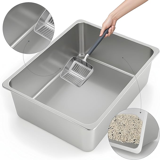 Kirecoo Stainless Steel Litter Box, Large Low Entry Metal Cat Pan Box, Indoor Litter Tray, Non Stick, No Smell, Easy to Clean, Pet Toilet Supplies for Cats