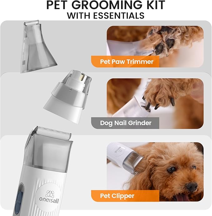oneisall Dog Grooming Vacuum, Pet Grooming Vacuum with Clipper Nail Grinder, 1.5L Dust Cup Dog deshedding Vacuum Brush with 7 Tools for Shedding Pet Hair, Home Cleaning（Grey）