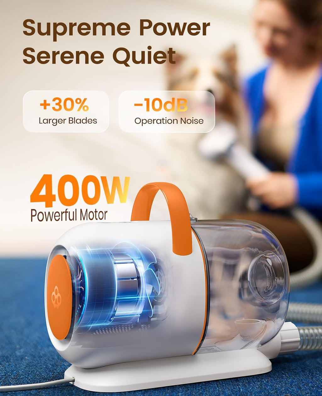 oneisall Dog Grooming Vacuum - 15000Pa Suction, Captures 99% Pet Hair to Reduce Shedding, Dog Grooming Clippers & Quiet Brush (≤59dB) with 4 Accessories, 2L Dust Canister for Home Cleaning（Orange） | 15000Pa Suction Power, Dog Grooming Kit, Low
