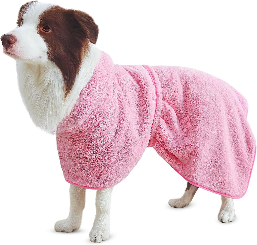 Bienbee Soft Dog Bathrobe，Super Absorbent & Quick-Drying Dog Robe with Hood, Cozy Drying Coat for After Bath, Pink XL