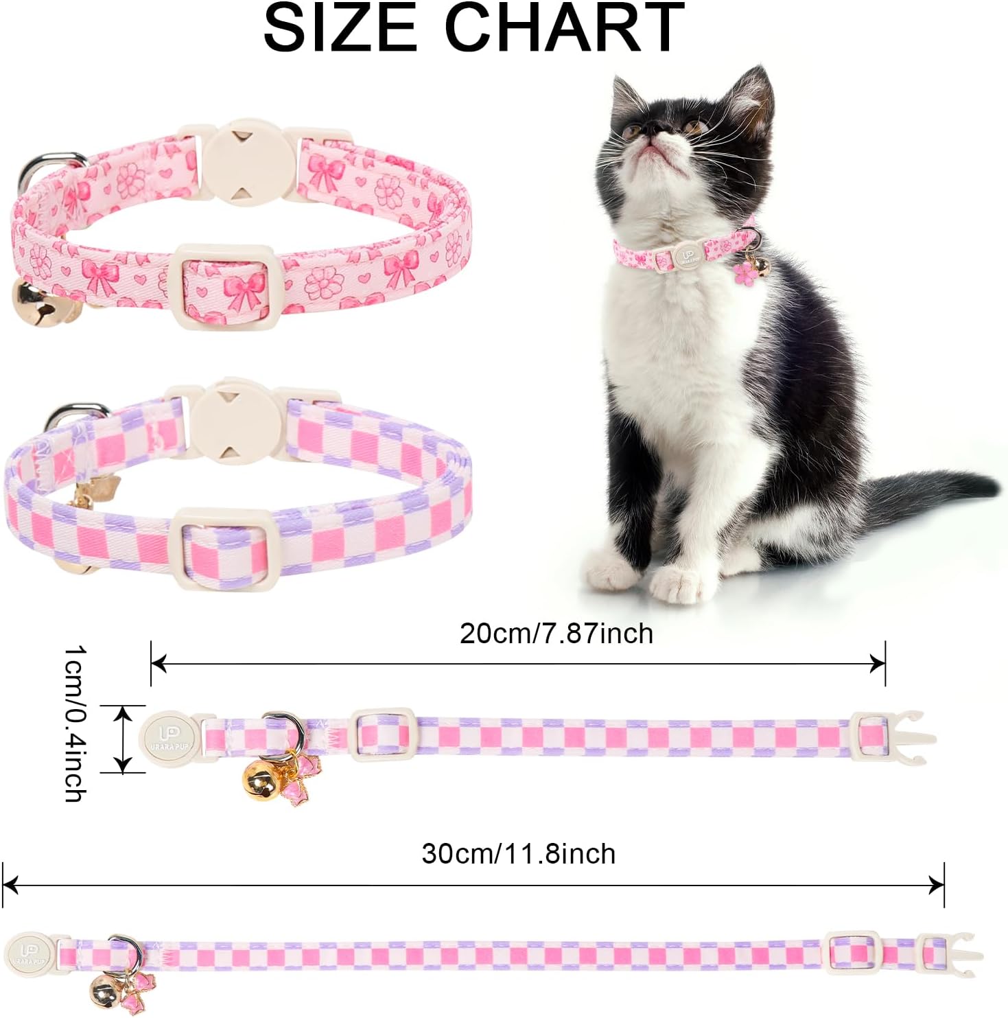 Cat Collar, 2Pack Pink Floral and Purple Plaid Pattern Cats Collars-Cute Summer Breakaway Cat Collar with Bell & Pendant, Pretty Plaid Kitten Collars for Girl & Boy Cats, 7-12Inch