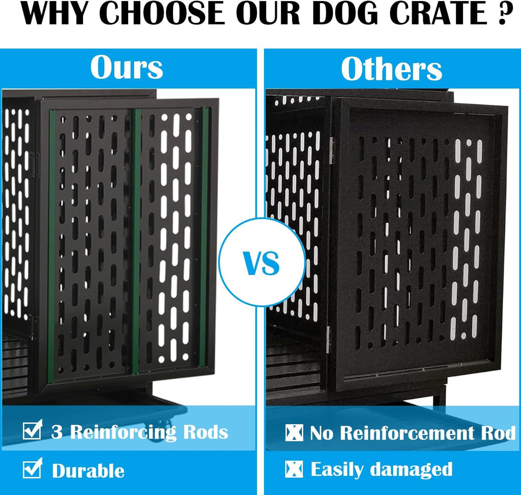 44 Inch Heavy Duty Indestructible Dog Crate with Wheels, Steel Escape-Proof Indoor Double Door High Anxiety Cage, Durable Chew-Proof Kennel with Removable Tray for Large Medium Dogs