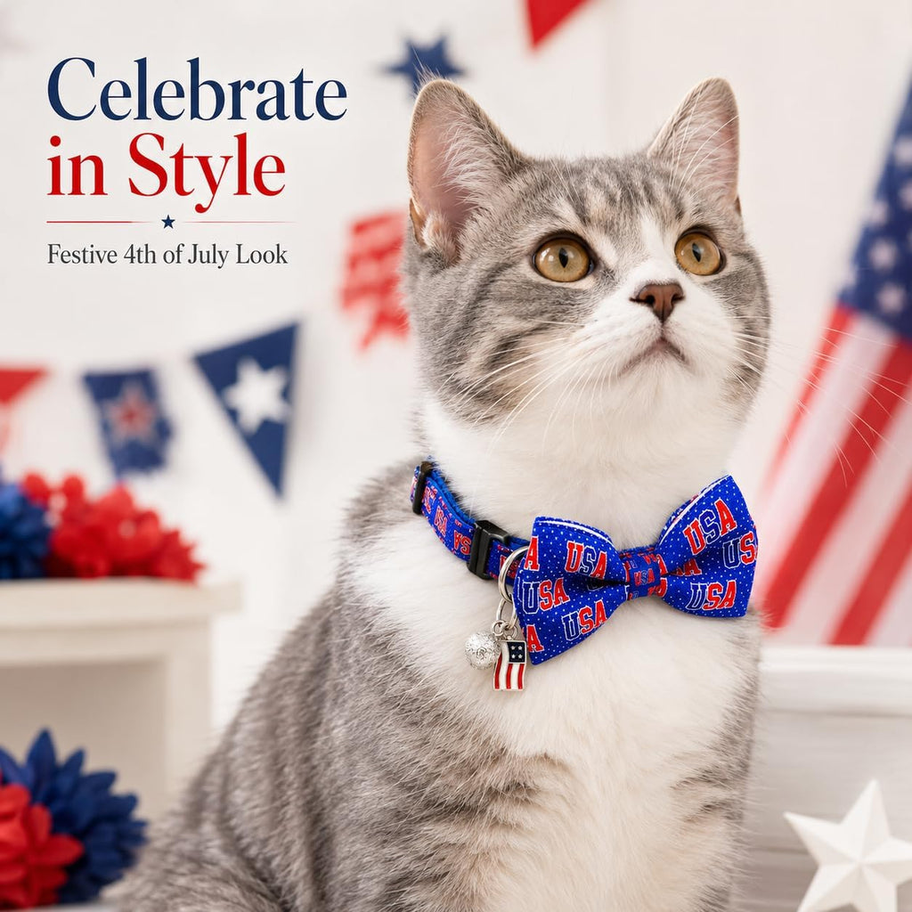 4th of July Cat Bow Tie Breakaway Collars with Bell and Charm, 2 Pack Patriotic Adjustable Cat Collars with Removable Bow Tie, Red White Blue USA Stars Independence Day Collars for Cats and Kittens
