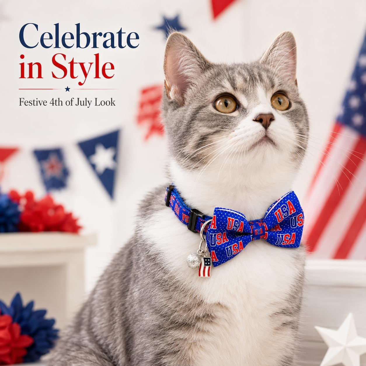 4th of July Cat Bow Tie Breakaway Collars with Bell and Charm, 2 Pack Patriotic Adjustable Cat Collars with Removable Bow Tie, Red White Blue USA Stars Independence Day Collars for Cats and Kittens