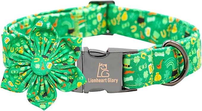 Lionheart glory St. Patrick's Day Dog Collar with Flower Dog Collar for Large Dogs, Green Collars Lucky Clover Shamrock Dog Collar Flower Pet Collar Bows Heavy Duty