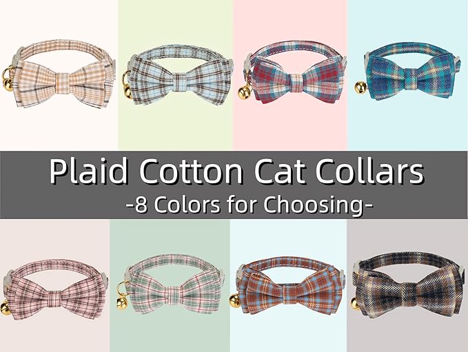 2 Pack Soft Cotton Cat Collars with Bowtie and Bell Breakaway Plaid Cat Kitten Collar(Beige and Amber)