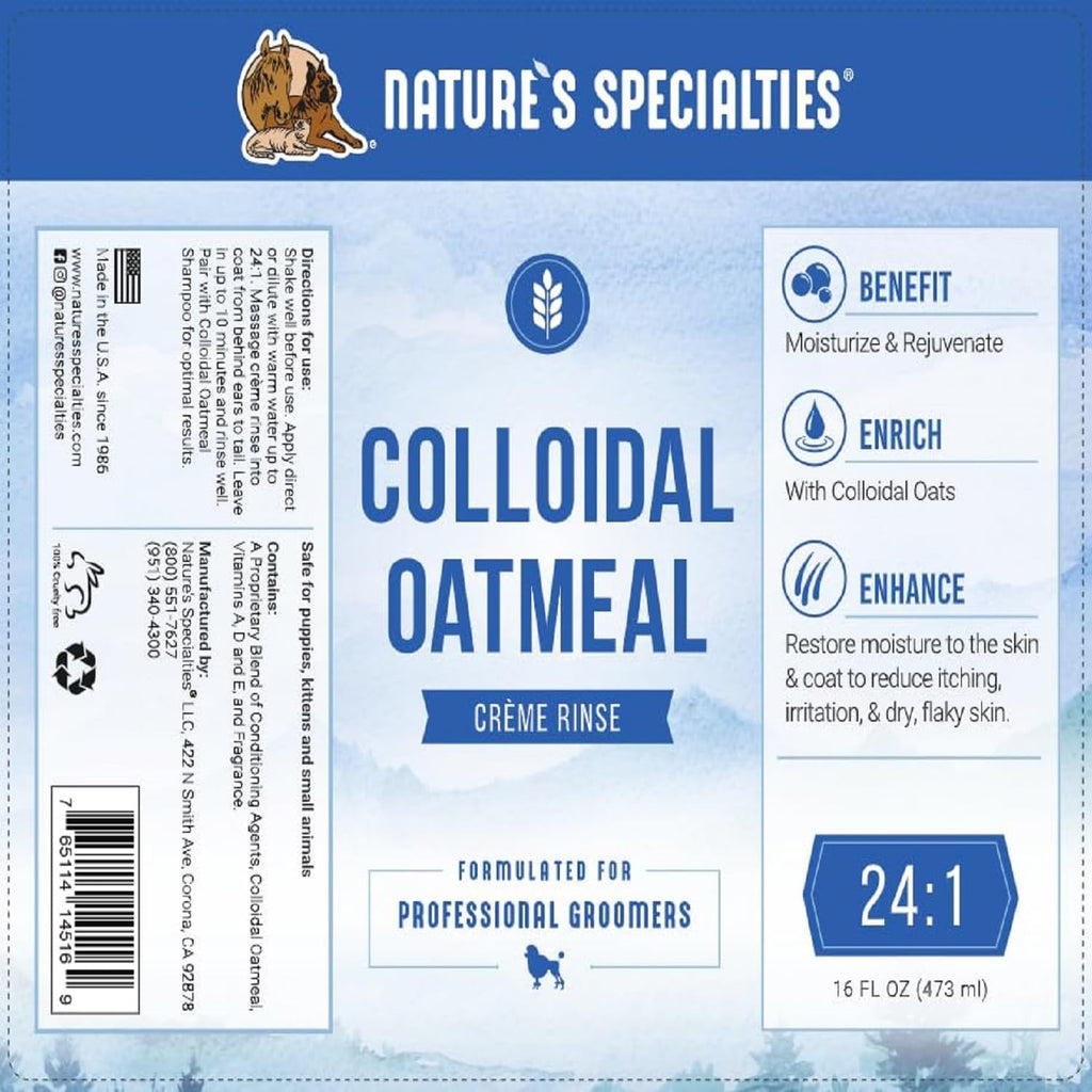 Nature's Specialties Colloidal Oatmeal Creme Rinse Ultra Concentrated Conditioner for Pets, Makes up to 3 Gallons, Relief for Dry Flaky Skin, Made in USA, 16 oz