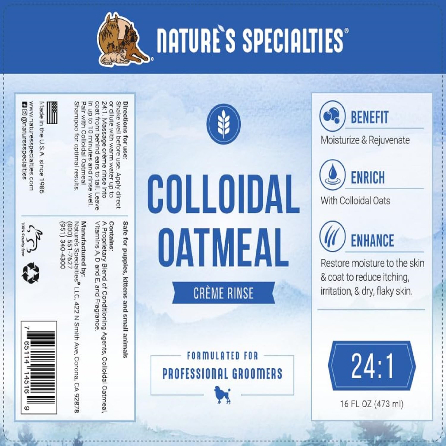 Nature's Specialties Colloidal Oatmeal Creme Rinse Ultra Concentrated Conditioner for Pets, Makes up to 3 Gallons, Relief for Dry Flaky Skin, Made in USA, 16 oz