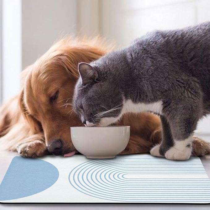Dog Food Mats for Floors Waterproof, Cat Water Bowl Mats Pet Feeding Absorbent Mat Placemats for Food and Water Blue Bohemia 17 * 30 inch
