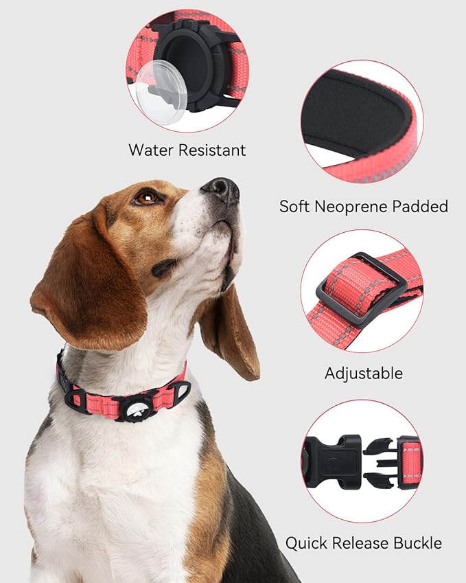 Joytale Airtag Dog Collar, Reflective Pet Collar with Waterproof AirTag Holder, Dual D-Rings, Soft Padded Adjustable for Small Dogs, Neon Pink, S