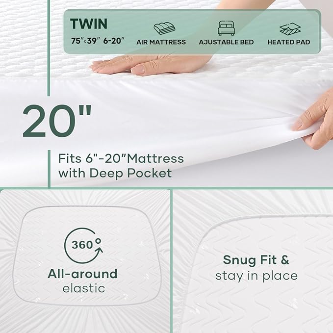 OhGeni 100% Waterproof Mattress Protector,Twin Size Mattress Soft Pad,Pet Hair & Bedwetting Resistant,Cooling Breathable Fitted Sheets,Washable Bed Cover,Non-Slip Deep Pocket,Noiseless for Kids Rooms