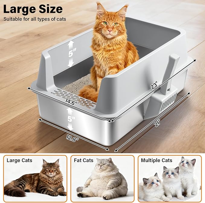 2 Pack Stainless Steel Litter Box,XL Metal Cat Litter Box with Lid High Sides,Extra Large Litter Box for Big Cats,Odor-Resistant, Scratch-Proof, Easy to Clean,Scoop &Mat Included