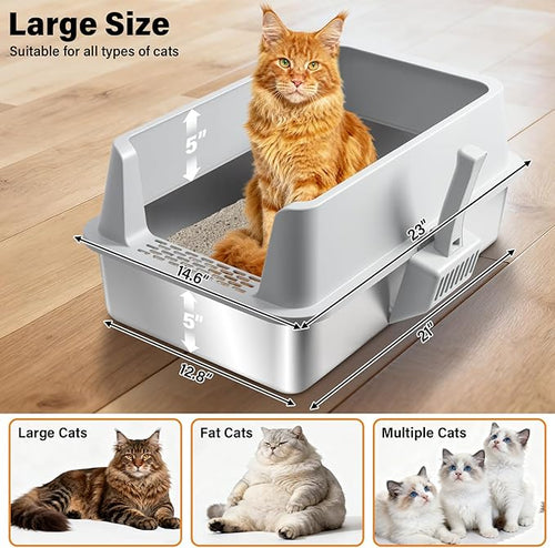 2 Pack Stainless Steel Litter Box,XL Metal Cat Litter Box with Lid High Sides,Extra Large Litter Box for Big Cats,Odor-Resistant, Scratch-Proof, Easy to Clean,Scoop &Mat Included