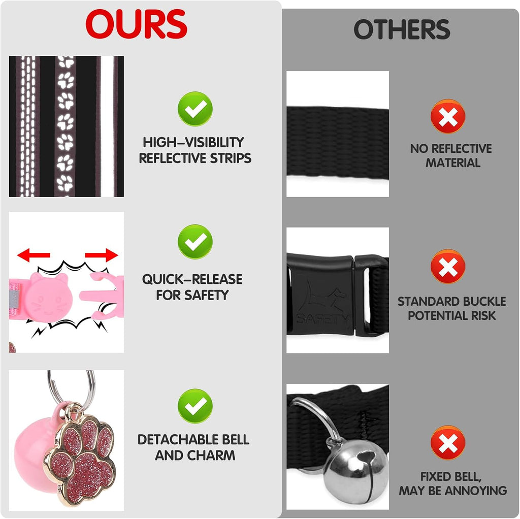 BINGPET Reflective Cat Collar Breakaway with Bells,3 Pack Kitten Collar for Girl Boy Cats with Cute Pendant Glow in The Dark,Adjustable 8''-11.8'',Pink