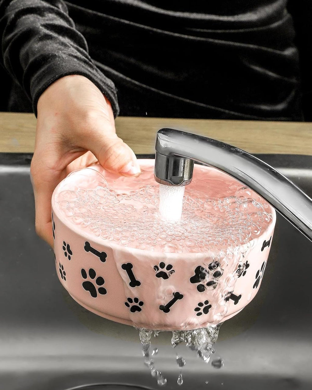 UBEE Ceramic Dog Bowl Set of 2, 5.5 inch Dog Food Bowl Dish with Bone Paw Pattern, Pet Food Water Dish Feeding Plates for Small Dogs, Puppy and Cat, Pink