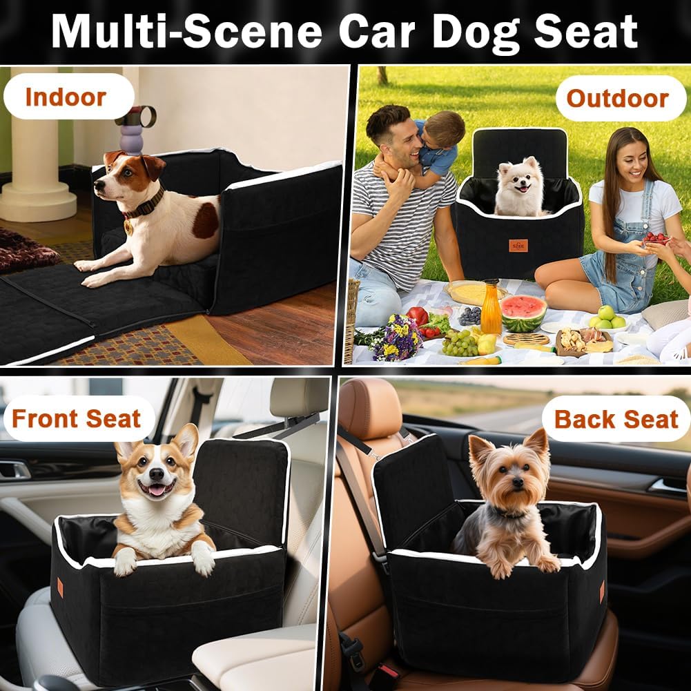 SZEE Dog Car Seat for Small/Medium Sized Dogs up to 35 lbs, Dog Booster Car Seat with Detachable Protective Leather Cover, Save Cleaning Effort, Reclinable Backrest (Black)