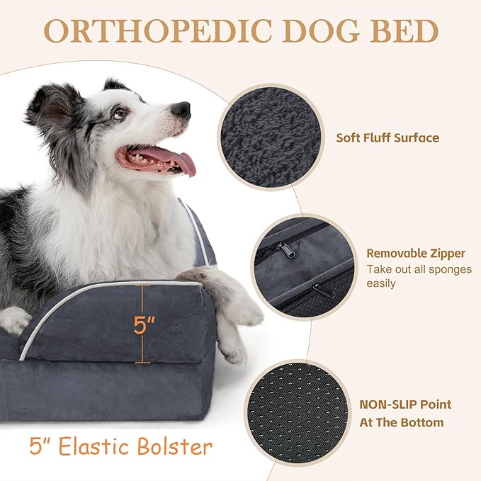 Comfort Expression Orthopedic Dog Bed for Large Dogs 36x27 Inch, Waterproof Supportive Egg Crate Foam Large Pet Bed with Removable Bolsters, Dog Couch with Washable Cover & Non-Slip Bottom, Dark Grey