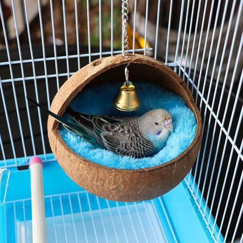 2 Pcs Natural Coconut Shell Bird Nest House Bed Breeding Nesting Anti-Pecking Bite with Warm Pad and Bell for Bird Parrot Budgie Parakeet Cockatiel Conure Lovebird Canary Finch