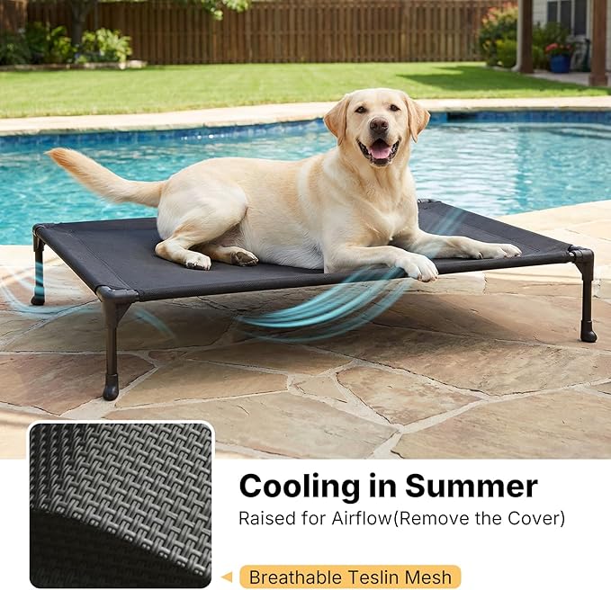 Veehoo Elevated Dog Bed with Waterproof Cushion Mat, Cooling Raised Dog Beds with Padded Top, Washable Outdoor Dog Bed, Orthopedic Pet Cot for Indoor & Outdoor, Medium Dog Bed 35.5" x 25", Dark Grey