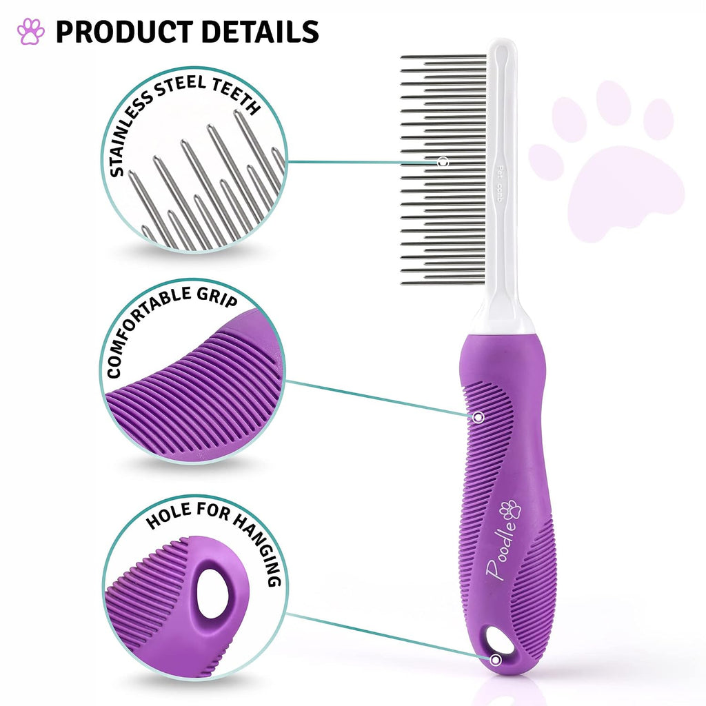 Poodle Pet Bundle - Dematting Fur Rake Comb Brush Tool with Steel Safety Blades and Detangling Pet Comb with Long and Short Stainless Steel Teeth for Detangling Matted or Knotted Undercoat Hair