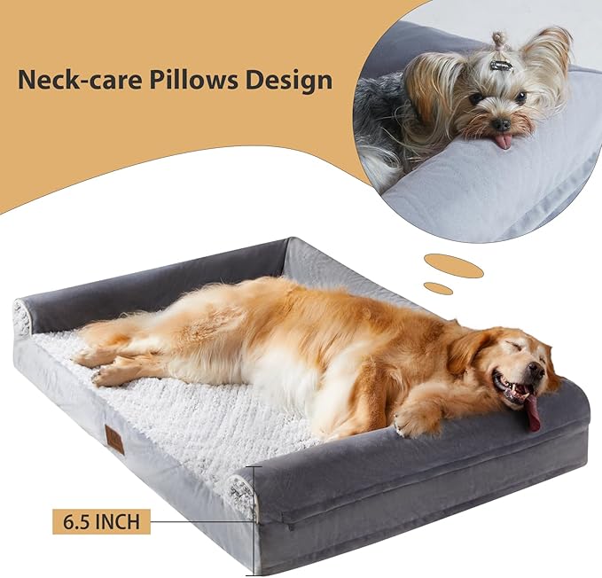 WNPETHOME Orthopedic Dog Beds for Large Dogs, Waterproof Memory Foam Large Dog Bed with Sides, Non-Slip Bottom and Egg-Crate Foam Big Pet Couch Bed with Washable Removable Cover, Grey