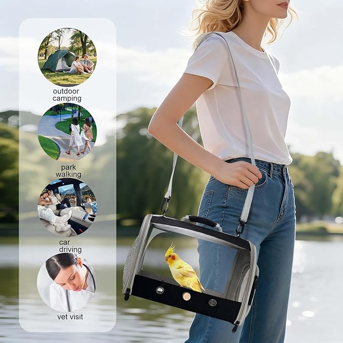 Bird Carrier, Portable Small Bird Cockatiel Conure Parrot Parakeet Carrier with Standing Perch and Stainless Steel Tray, Side Access Window Collapsible (Black, Cylinder Design - Clear)