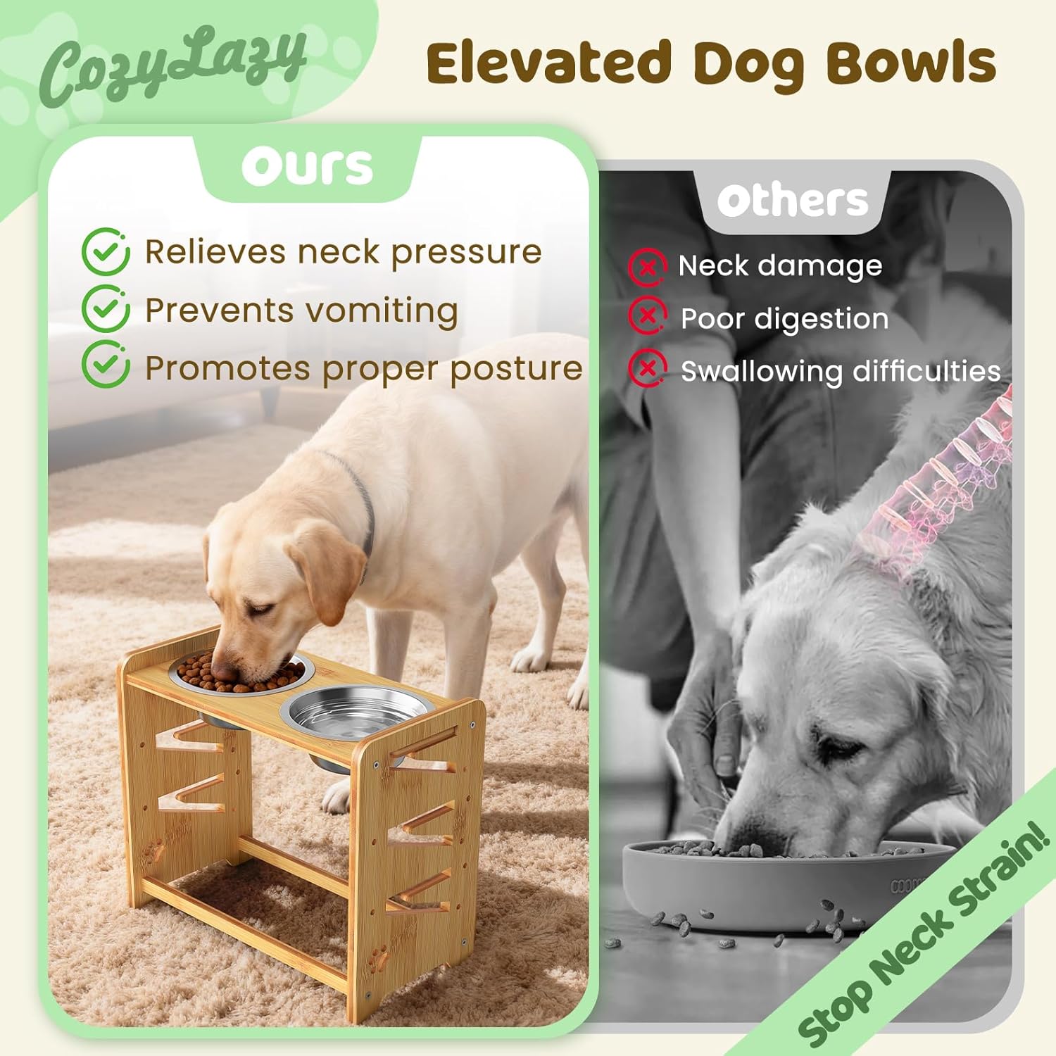 Elevated Dog Bowls, Adjustable Raised Dog Bowl Stand for Large and Medium Pet, 15" High Bamboo Pet Food Feeder with 2 Stainless Steel Dishes（6 Heights）