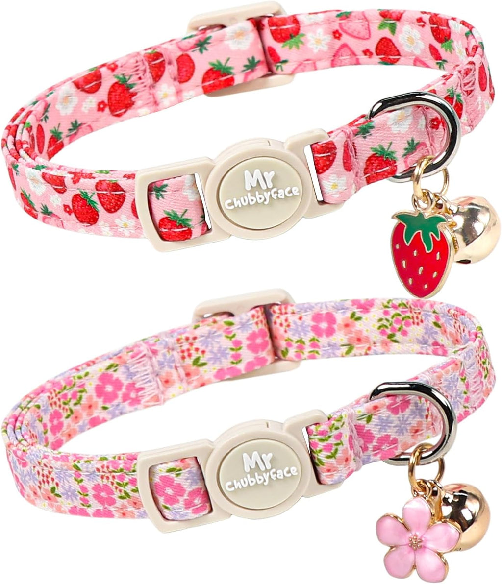 ·MR. CHUBBYFACE· 2 Pack Spring Summer Cat Collar, Cotton Breakaway Cat Collar with Bell, Strawberry&Floral Pendent, Adjustable Durable Pet Collar for Female Male Cat