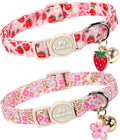 ·MR. CHUBBYFACE· 2 Pack Spring Summer Cat Collar, Cotton Breakaway Cat Collar with Bell, Strawberry&Floral Pendent, Adjustable Durable Pet Collar for Female Male Cat