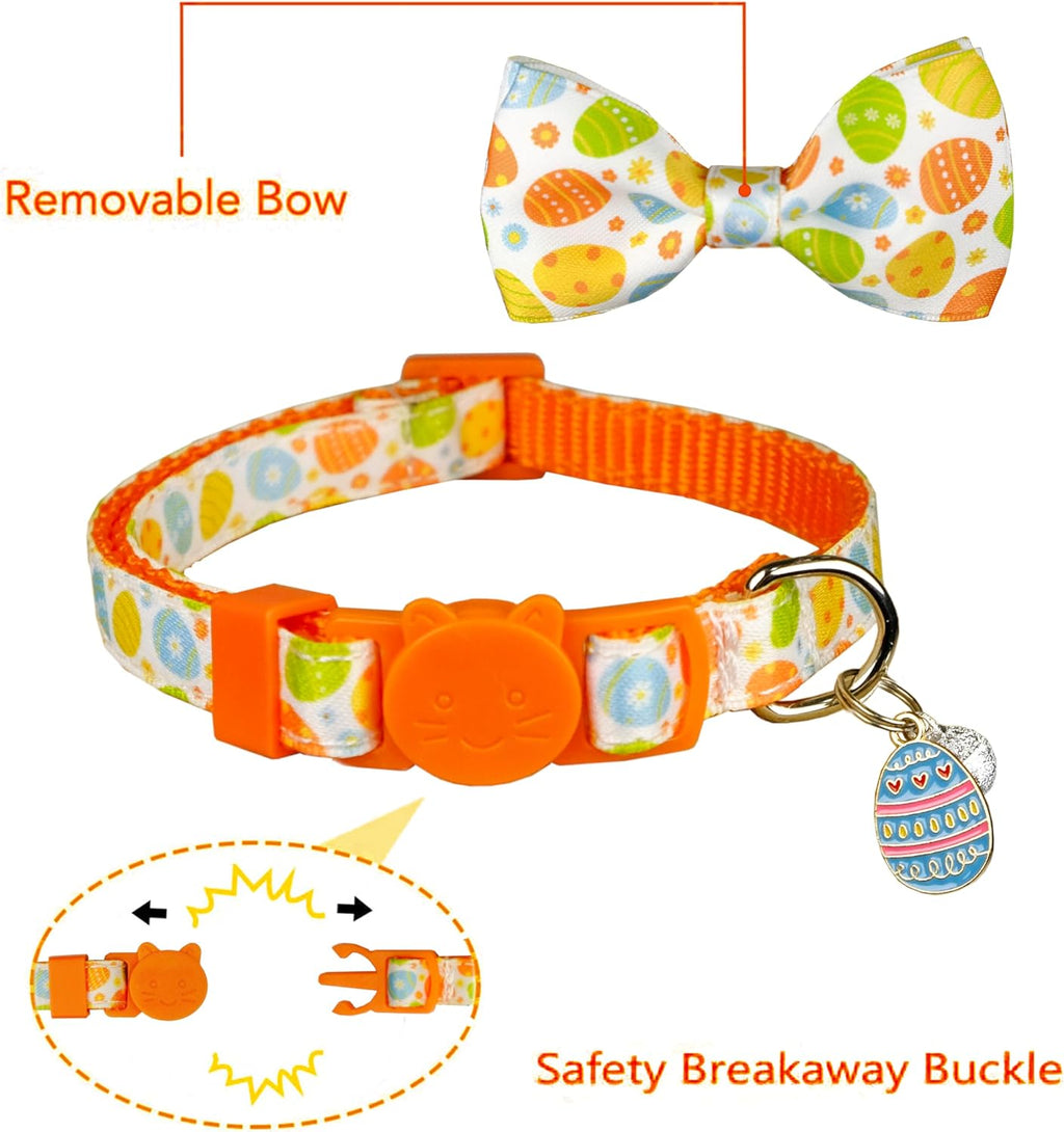 Easter Cat Collar with Bow Tie 2 Pack Adjustable Breakaway Safety Collars, Bunny and Easter Egg Patterns, Soft Nylon for Small & Medium Cats