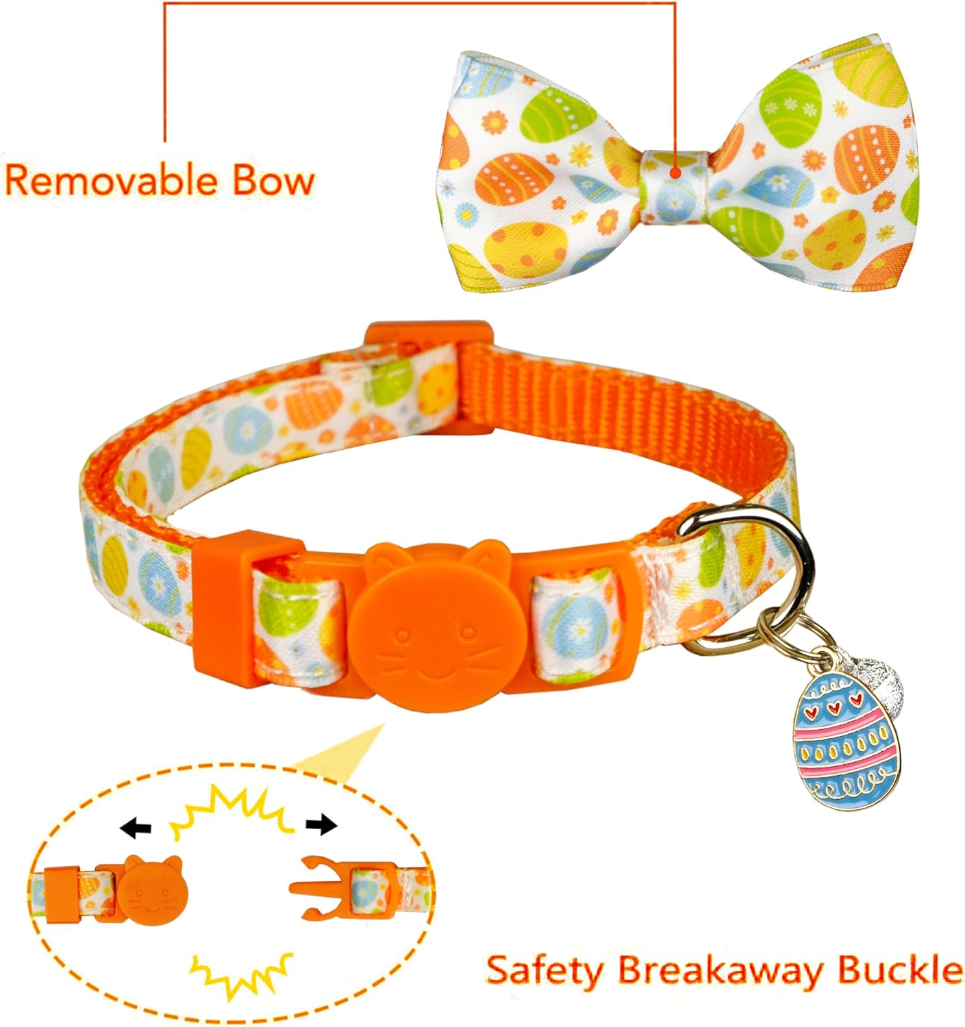 Easter Cat Collar with Bow Tie 2 Pack Adjustable Breakaway Safety Collars, Bunny and Easter Egg Patterns, Soft Nylon for Small & Medium Cats