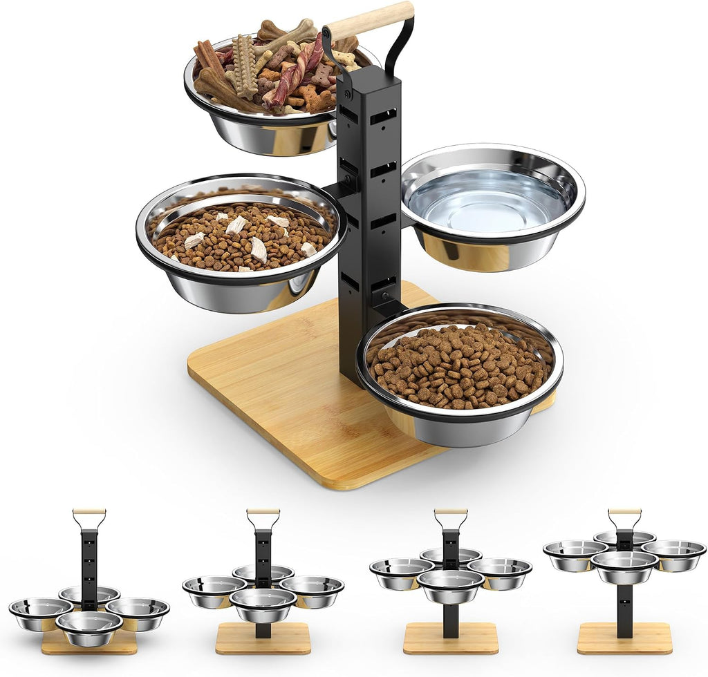 Elevated Dog Bowls Stand - 4 Heights Raised Dog Bowl Large Sized Dog - Dog Feeding Station - Dog Food and Water Bowl Set with Portable Handle - Suitable for Multi-Dog Feeding