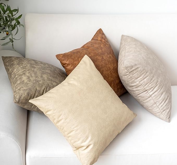 Pack of 4 Oversized Faux Leather Neutral Decorative Throw Pillow Covers 24x24 inch, Soft Modern Boho Luxury Waterproof Floor Cushion Cases, for Outdoor Lounge Sofa Couch Bed Home Decor