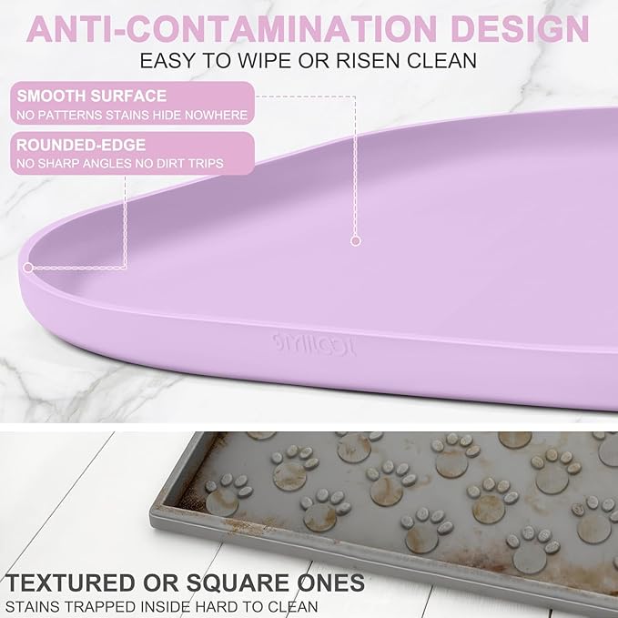 Small Silicone Pet Food Mat with Raised Edge for Food and Water Bowl, Square Dog Feeding Mats, Cat Food Trays for Floor Waterproof, Rubber Tray for Dogs and Cats, 12 x 12 x 0.7 Lavender